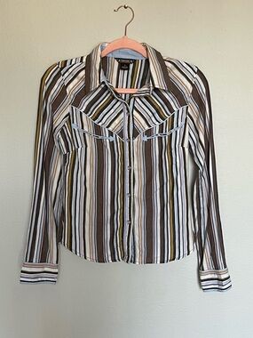 Y2K Fossil Women’s Brown and Blue Striped Button Down Blouse Size Small